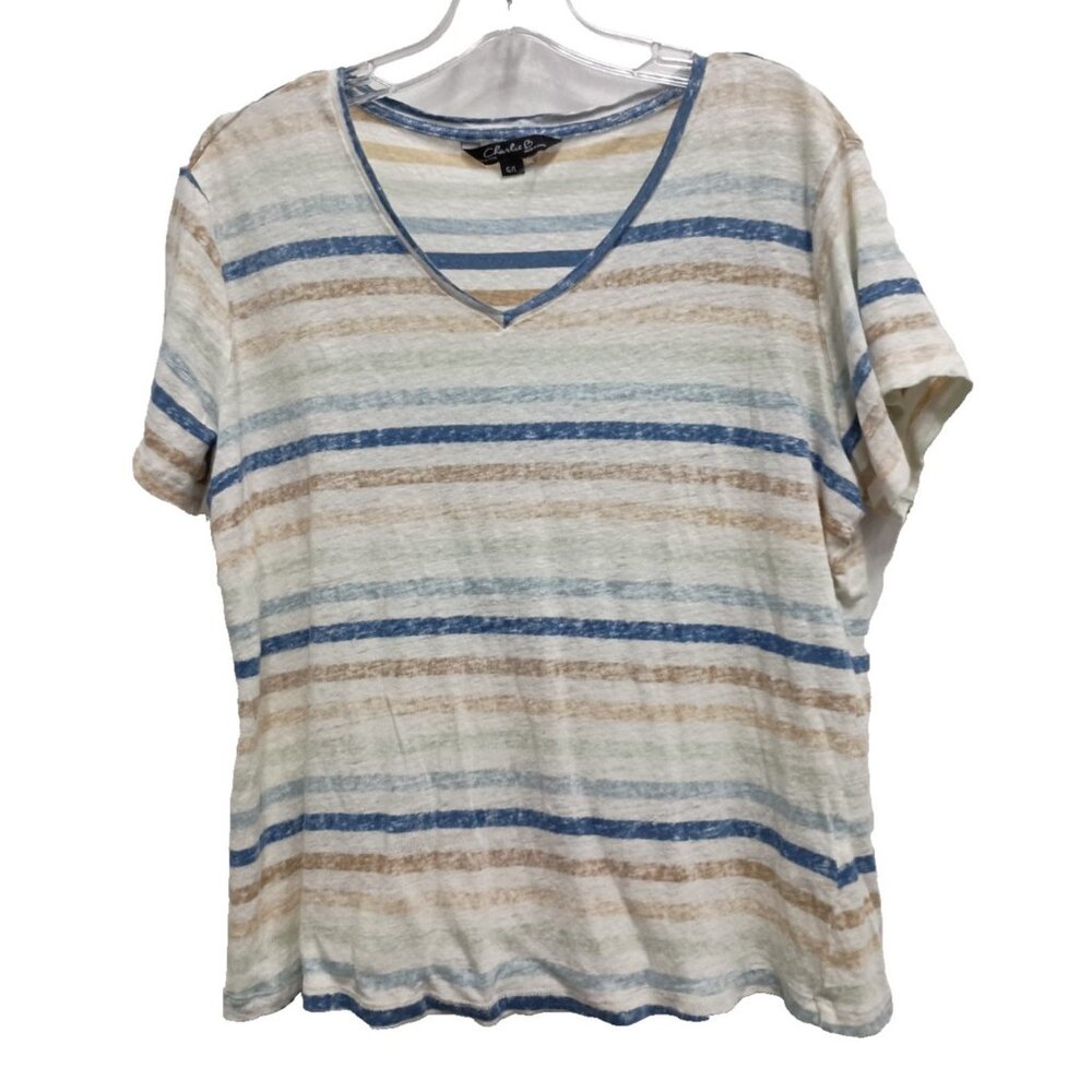 Charlie B Womens Top Large Blue White Stripesd Linen Short Sleeve‎ Coastal Tee